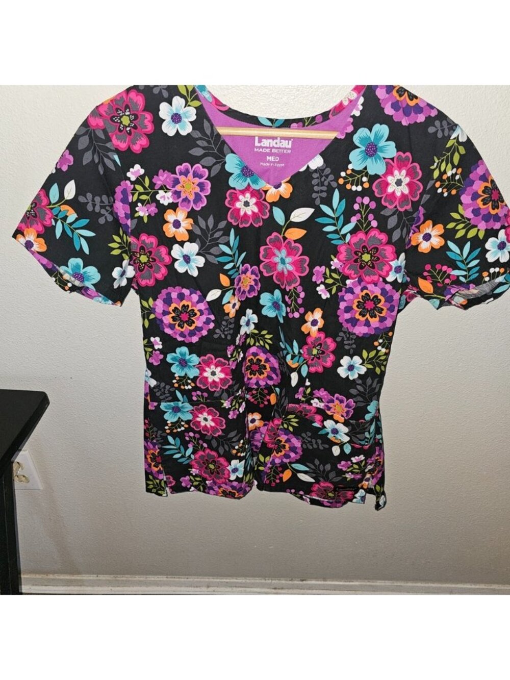 Landau Medium Women's Floral Print Scrub Top - Black and Multicolor